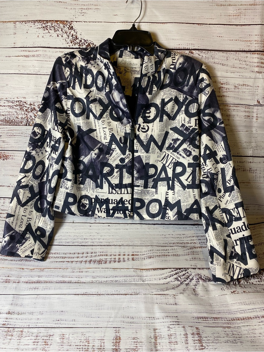 Newsprint Graphic Black & White Cropped Jacket